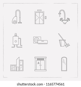 Set of interior icons line style symbols with water crane, large size mirror, elevator and other icons for your web mobile app logo design.