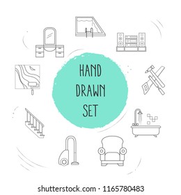 Set of interior icons line style symbols with carpenter tool, vacuum cleaner, stairs and other icons for your web mobile app logo design.