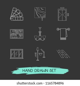 Set of interior icons line style symbols with lightning, hanger with towel, bookshelf and other icons for your web mobile app logo design.