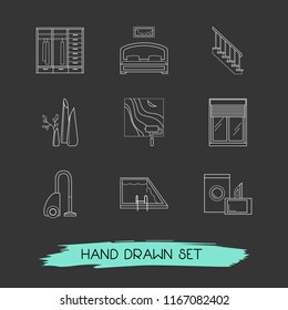 Set of interior icons line style symbols with closet, appliance, interior decoration and other icons for your web mobile app logo design.