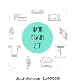 Set of interior icons line style symbols with upholstery, worker, counter tops and other icons for your web mobile app logo design.