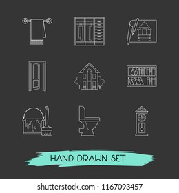 Set of interior icons line style symbols with wall clock, open door, house planning and other icons for your web mobile app logo design.