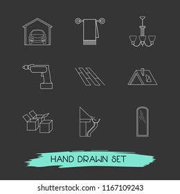 Set of interior icons line style symbols with boxes, garage, chandelier icons for your web mobile app logo design.