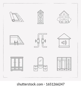 Set of interior icons line style symbols with cupboard, closet, pool and other icons for your web mobile app logo design.
