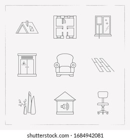 Set of interior icons line style symbols with armchair, interior decoration, alarm system and other icons for your web mobile app logo design.