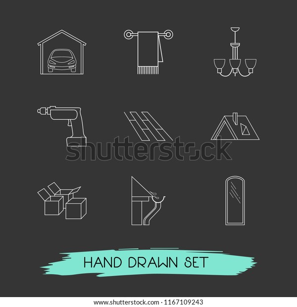 Set of\
interior icons line style symbols with boxes, garage, chandelier\
icons for your web mobile app logo\
design.