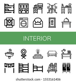 Set of interior icons. Such as Bunk bed, Candle holder, Bar stool, Washing machine, Desk, Armchair, Office desk, Door, Table, Sink, Gate, Chair, Bed, Sofa, Bookshelf , interior icons