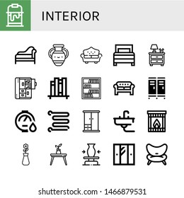 Set of interior icons such as Paint bucket, Divan, Vase, Sofa, Bed, Nightstand, Cabinet, Book shelf, Bookcase, Locker, Water heater, Towel rail, Wardrobe, Sink, Fireplace , interior