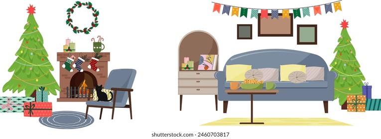 Set of interior illustrations. Christmas and New Year. Festive atmosphere and decor. Armchair against the background of a fireplace, Christmas tree and gifts. Sofa on the background of a Christmas