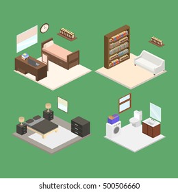 Set of interior isometric design a bedroom and bathroom vector illustration