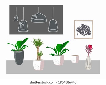 Set of interior items, concrete flower pots, vase, flowers, ceiling lamps, painting. Vector illustrations for design. 