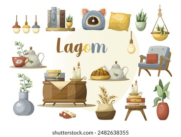 Set of interior items coziness comfort in the house. Isolate on a white background. Vekor, hand drawing