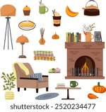 Set of interior items. Cozy autumn in hygge style. Fireplace and armchair. Pillows and blanket, floor lamp and coffee table. Pumpkin pie and spiced drinks. Vector illustration