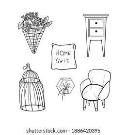 
a set of interior items for the design of postcards, booklets, catalogs, posters, furniture stores. vector elements on white background.