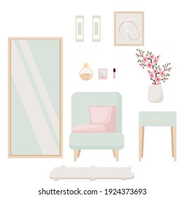 A set of interior items. Foreground. Floor mirror, armchair, pillows, vase of flowers, perfume bottle, lipstick, powder box, sconce, painting. All elements are isolated.