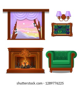 Set of interior items isolated on white background. Wooden window, wall sconce, fireplace, butterfly collection. Vector cartoon close-up illustration.