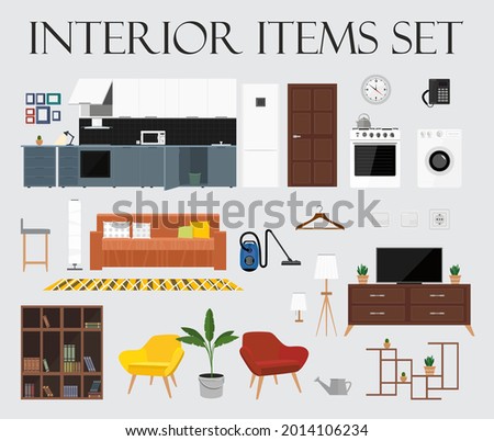 Set of interior items for the living room and kitchen. Set, sofa, chair, floor, lam, table, indoor, flowers, vases, books, Tv. Illustration with design elements of the apartment