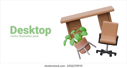 Set of interior items for workplace. Desk, ergonomic office chair, green plant in pot