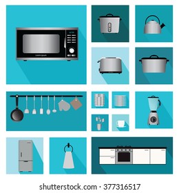 Set of Interior kitchen with kitchen shelves and cooking utensils, equipment on counter in tiles patterned background, vector illustration.
