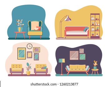 Set Interior of the living room with furniture. Flat cartoon style. Vector illustration