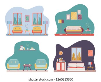 Set Interior of the living room with furniture. Flat cartoon style. Vector illustration