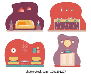 Set Interior of the living room, kitchen and bathroom with furniture. Flat cartoon style. Vector illustration