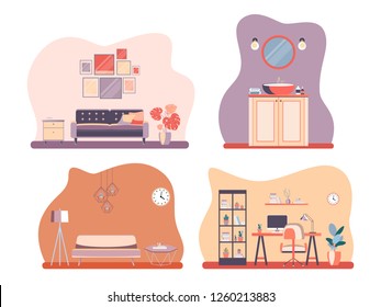 Set Interior Of The Living Room, Office Workplace And Bathroom With Furniture. Flat Cartoon Style. Vector Illustration