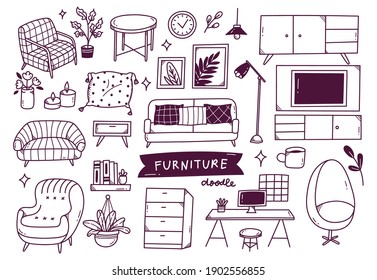 set of interior object in hand drawn doodle style 