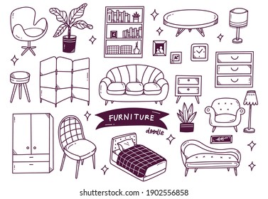 set of interior object in hand drawn doodle style 