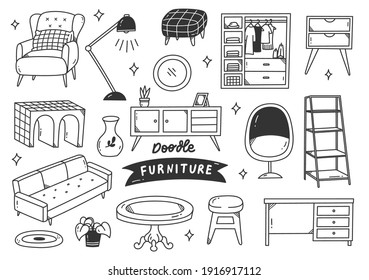 set of interior object in hand drawn doodle style vector illustration