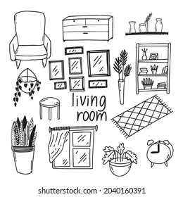 set of interior object in hand drawn doodle style
