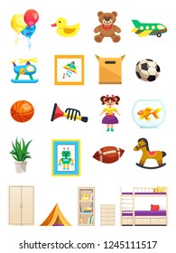 Set of interior objects of children room with furniture toys sports equipment and pet isolated vector illustration