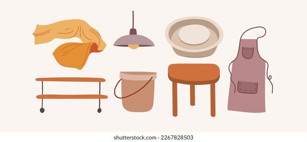 Set of interior objects for pottery studio. Ceramists work room collection. Pottery workshop set.