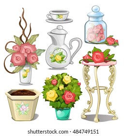 Set of interior objects and tableware with ornaments in the form of flower buds. Vector illustration.
