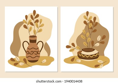 A set of interior paintings in warm autumn colors. Vector, stylized illustrations of twigs, leaves, and vases are suitable for interior design, home and office wall decoration, themed postcards.