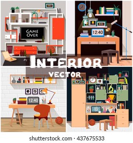 Set, interior, room, workplace, office, design, vector
