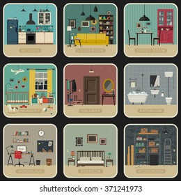 Set of interior rooms in flat style. Vintage illustrations of bathroom, living room, kitchen, etc.