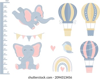 A set of interior stickers in pastel colors for a children's room. Height meter, garland with flags, elephants, flying balloons, bird, rainbow