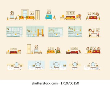 set with interiors, bathroom, kitchen, living room and bedroom, flat vector illustration of rooms with furniture