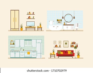 set with interiors, bathroom, kitchen, living room and bedroom, flat vector illustration of rooms with furniture