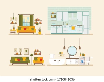 set with interiors, bathroom, kitchen, living room and bedroom, flat vector illustration of rooms with furniture