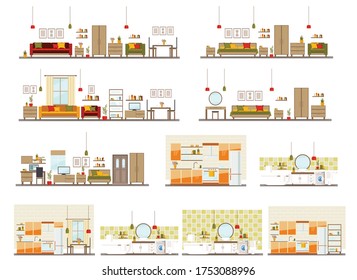 set with interiors, bathroom, kitchen, living room and bedroom, flat vector illustration of rooms with furniture