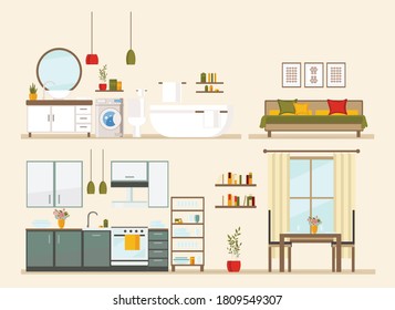 set with interiors, bathroom, kitchen, living room and bedroom, flat vector illustration of rooms with furniture