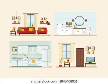 set with interiors, bathroom, kitchen, living room and bedroom, flat vector illustration of rooms with furniture