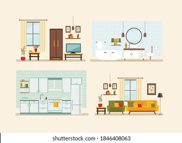 set with interiors, bathroom, kitchen, living room and bedroom, flat vector illustration of rooms with furniture