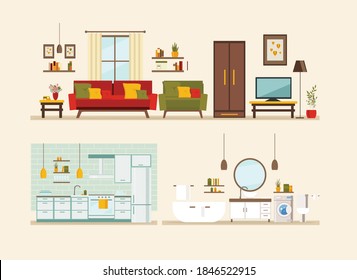 set with interiors, bathroom, kitchen, living room and bedroom, flat vector illustration of rooms with furniture