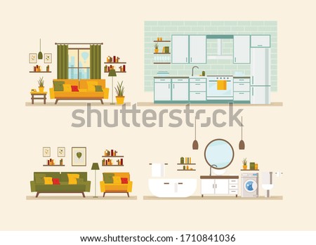 set with interiors, bathroom, kitchen, living room and bedroom, flat vector illustration of rooms with furniture