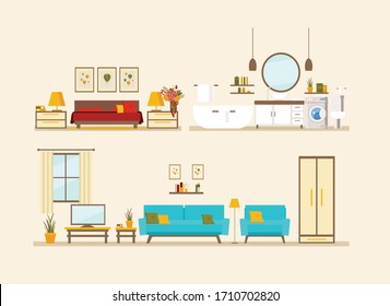 set with interiors, bathroom, living room and bedroom, flat vector illustration of rooms with furniture