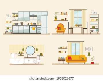 set with interiors, bathroom, living room and bedroom, flat vector illustration of rooms with furniture