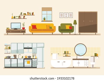 set with interiors, bathroom, living room and bedroom, flat vector illustration of rooms with furniture